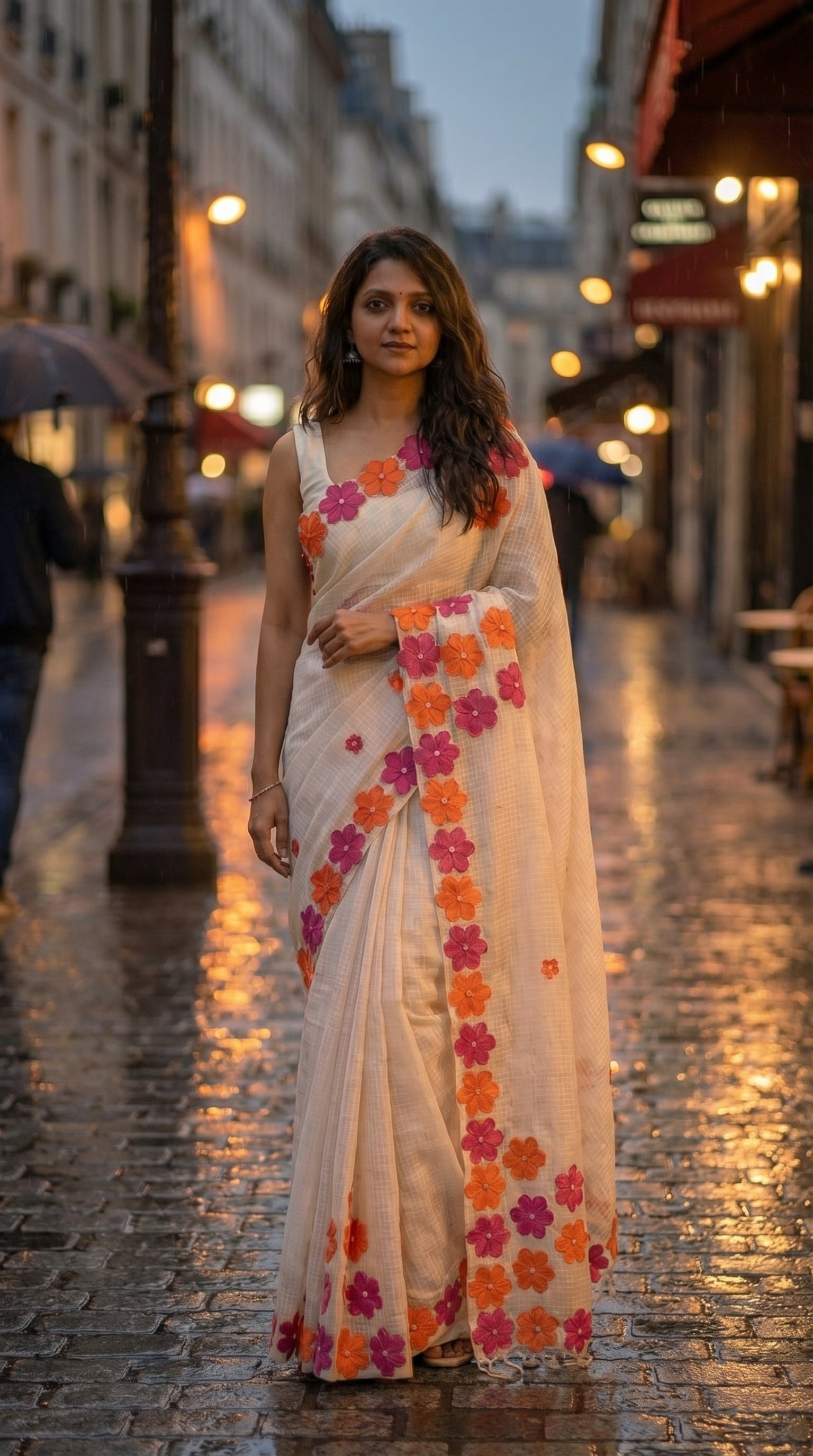 Woman wearing a white-pink-orange-mirror-saree, standing on a street at dusk.