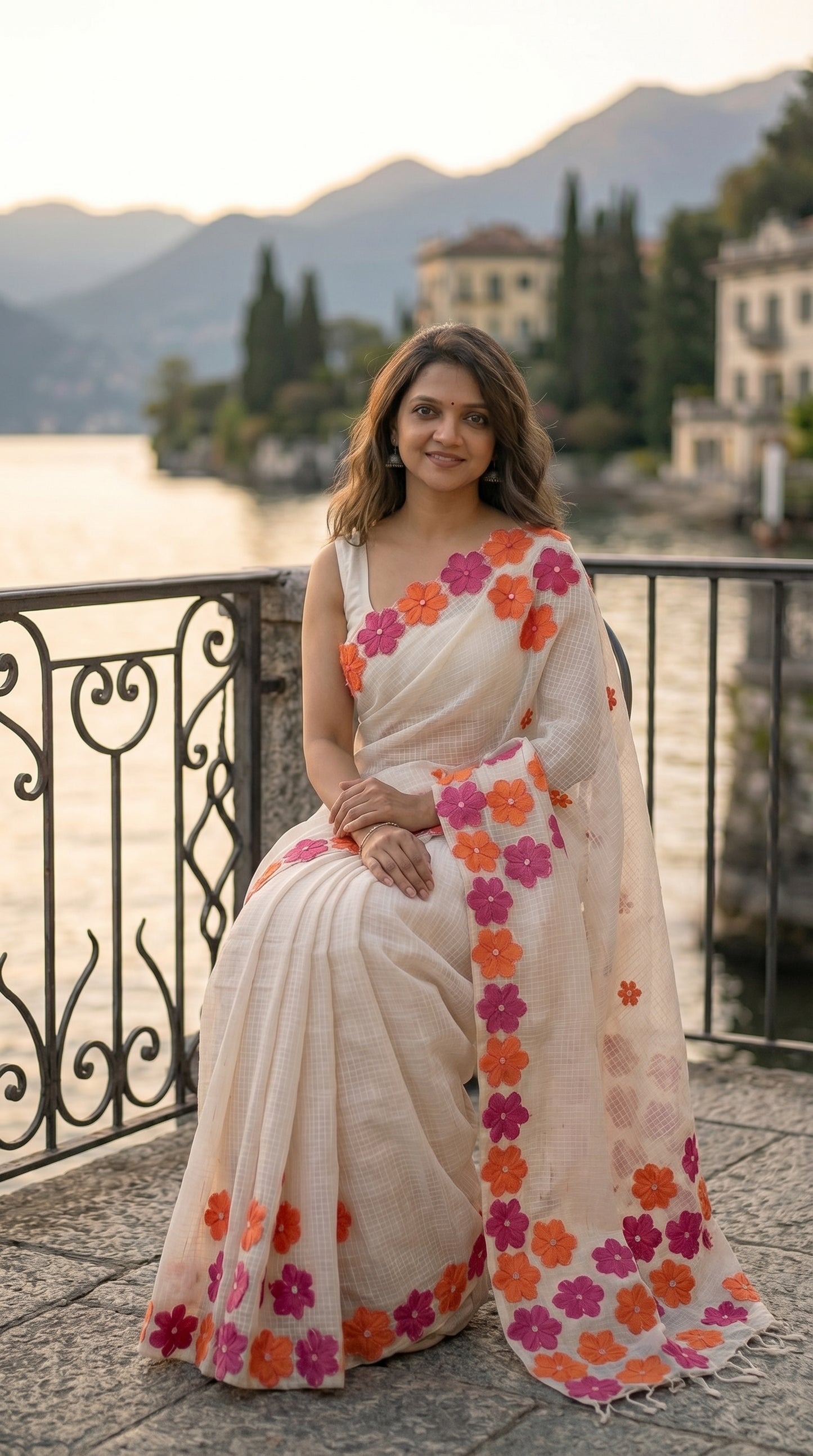 Woman wearing a white-pink-orange-mirror-saree, sitting by a scenic lakeside with mountains in the background