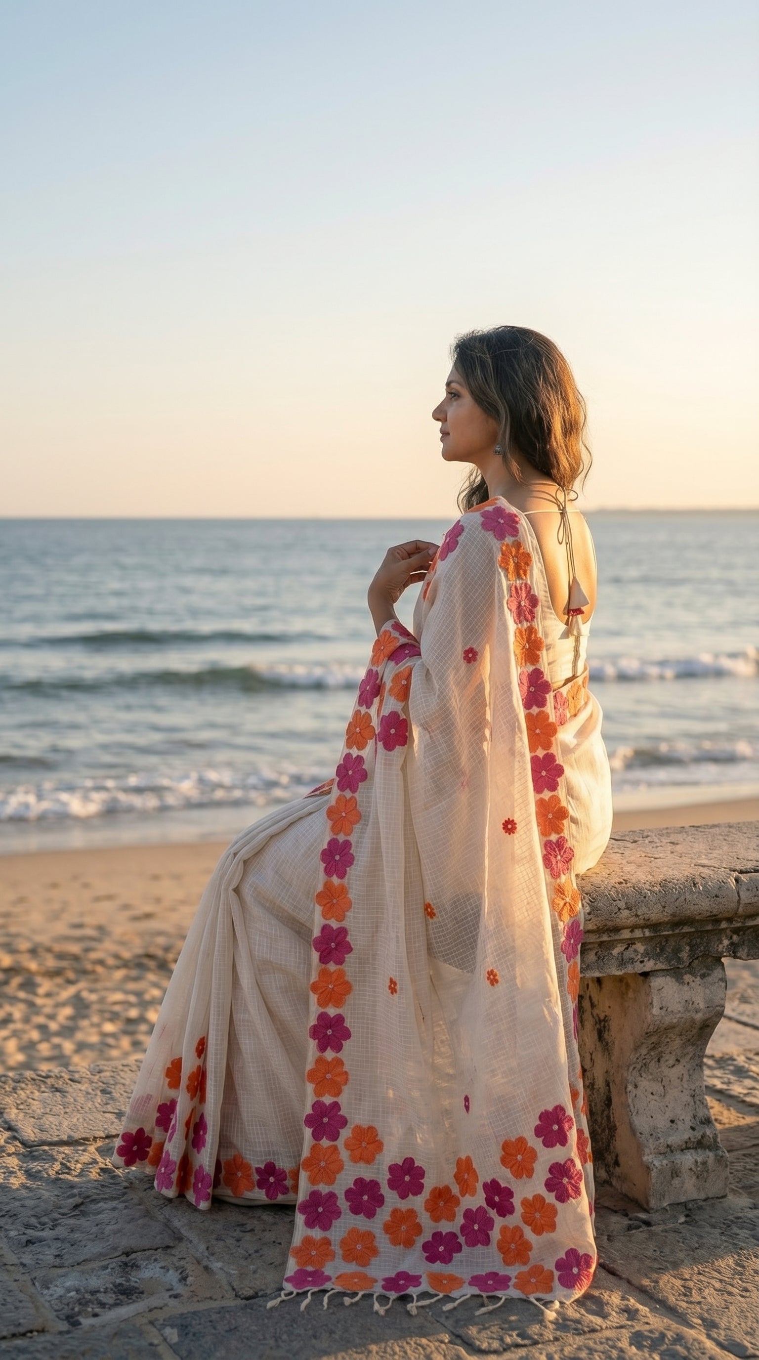 Woman wearing a white-pink-orange-mirror-saree, standing on a beach with ocean waves in the background