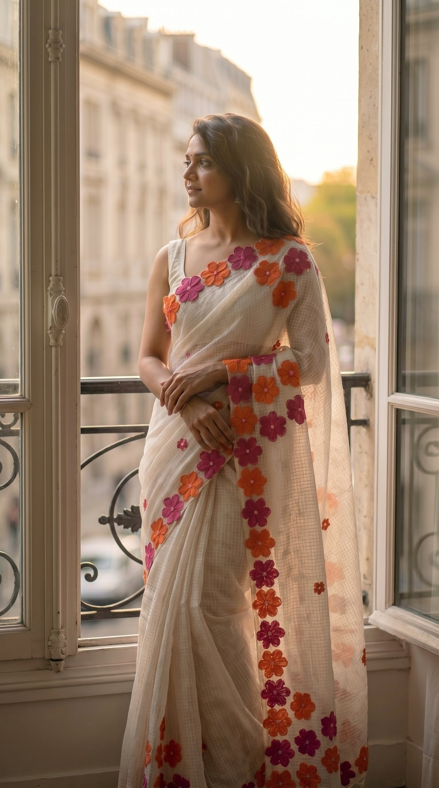 Woman wearing a white-pink-orange-mirror-saree, standing by a window with cityscape view