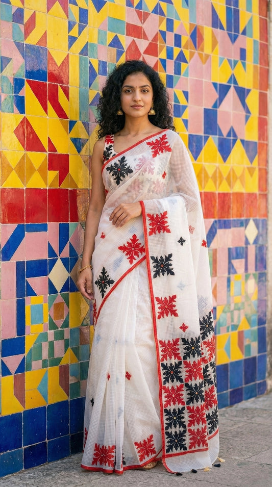 Woman in a white-red-black-applique-kota-saree, against a colorful tiled wall. standing against a colorful geometric-patterned wall.