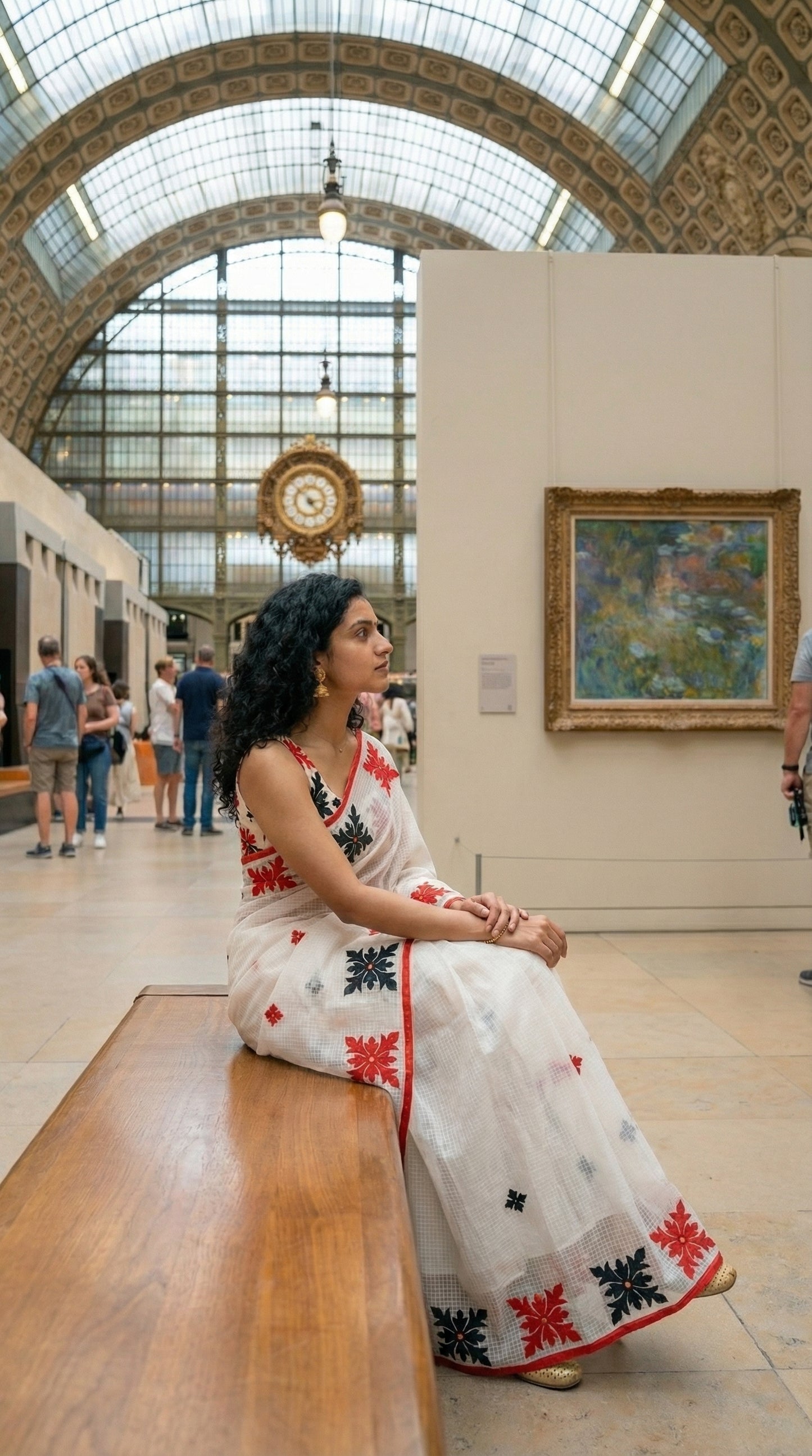 Woman in a white-red-black-applique-kota-saree, against a colorful tiled wall. sitting in an art gallery.