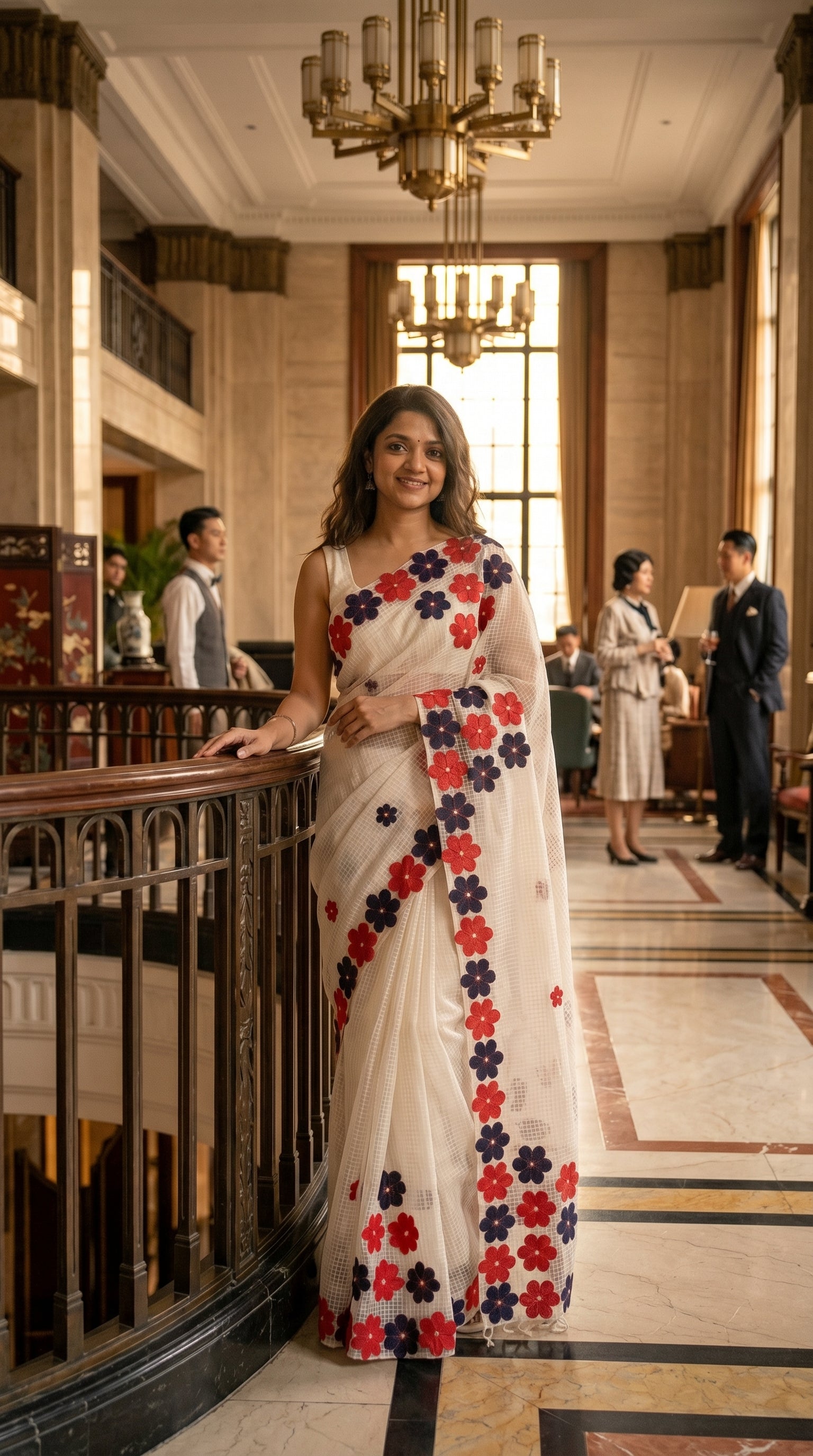 Woman in a white-red-black-mirror-saree, standing in an elegant interior setting