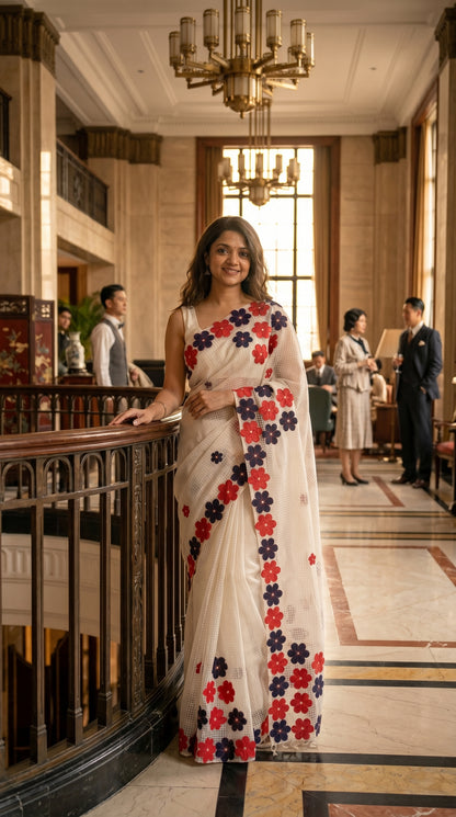 Woman in a white-red-black-mirror-saree, standing in an elegant interior setting