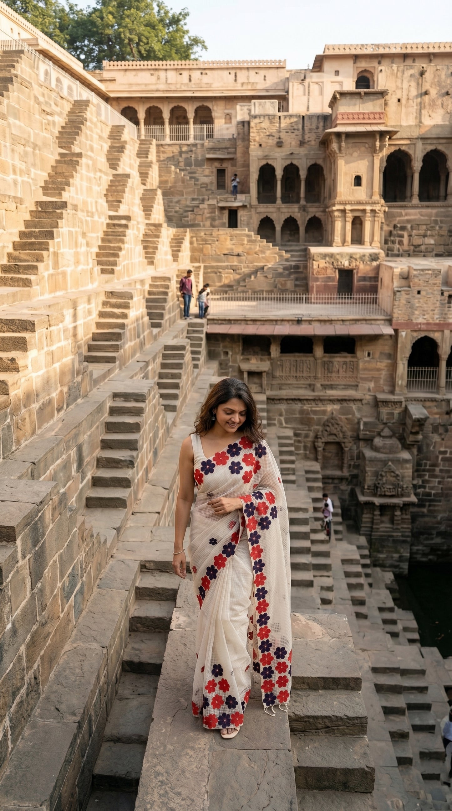 Woman in a white-red-black-mirror-saree, walking up stone steps in an ancient architectural setting.