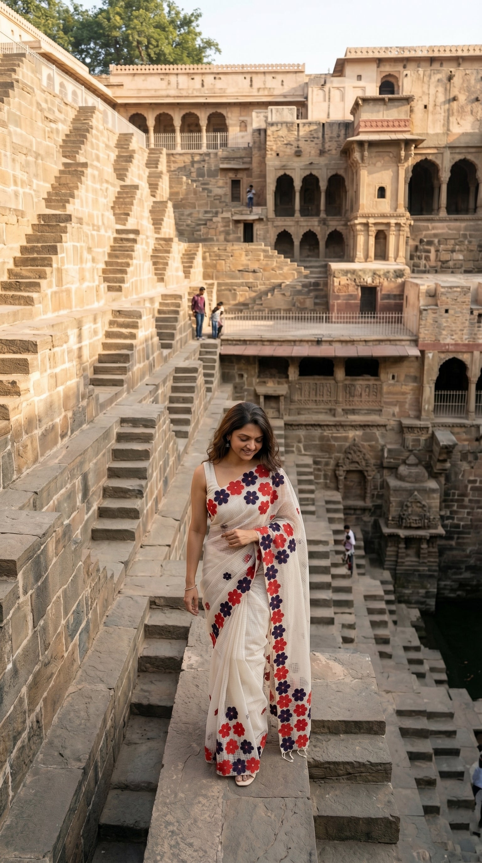 Woman in a white-red-black-mirror-saree, walking up stone steps in an ancient architectural setting.