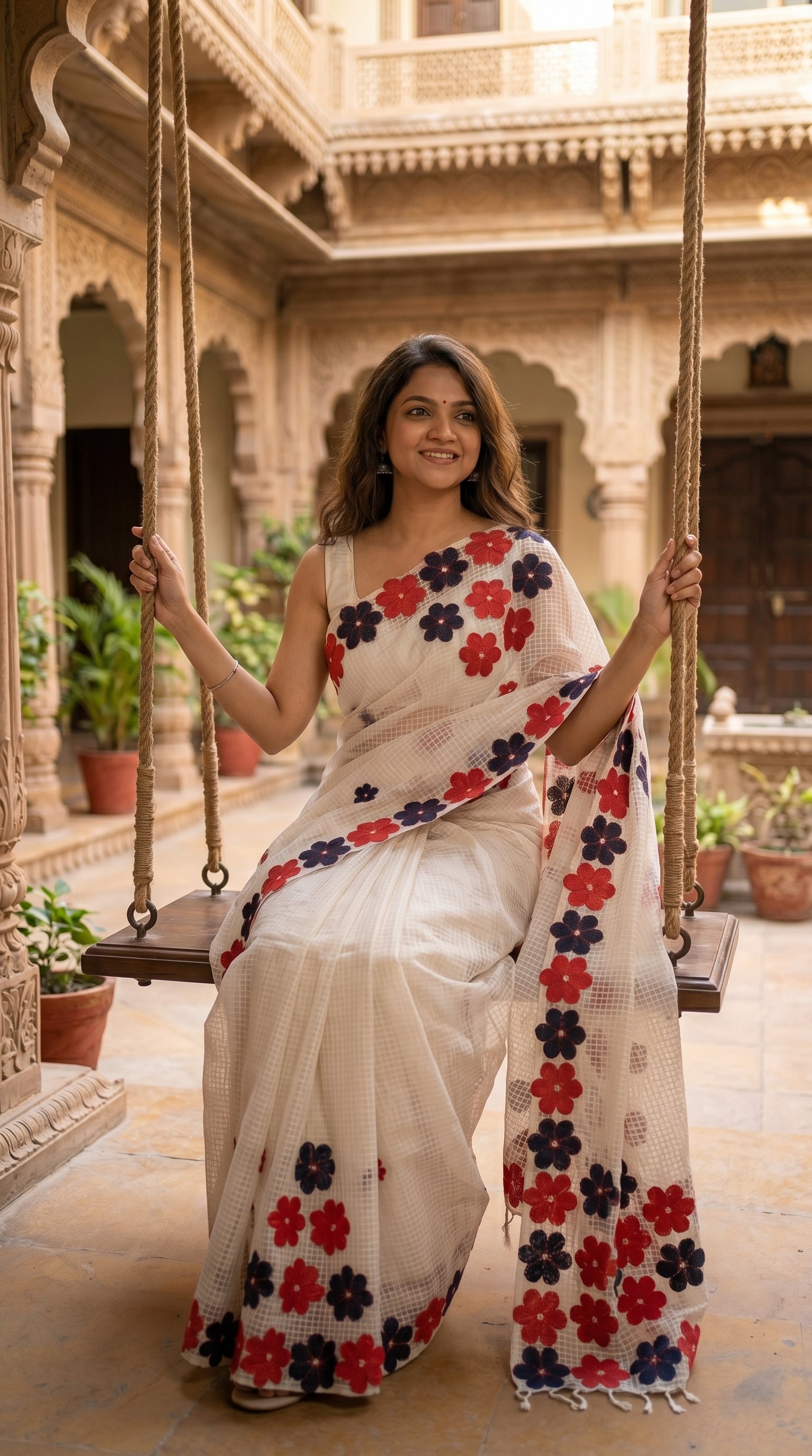 Woman in a white-red-black-mirror-saree, sitting on a swing in an outdoor setting.