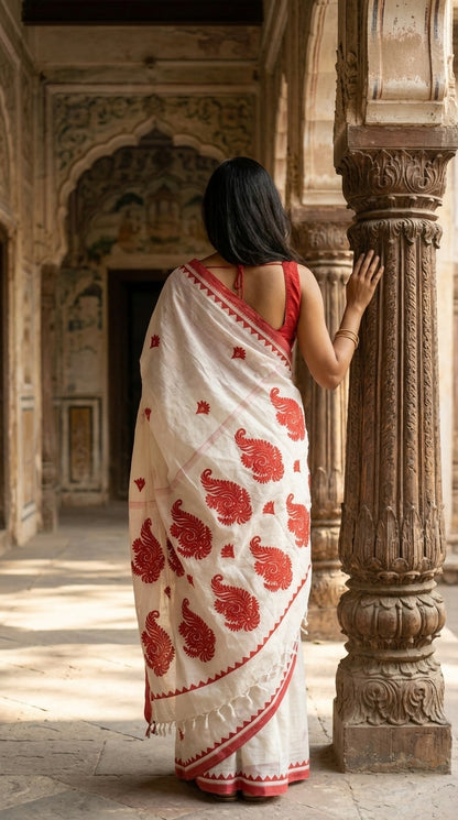 Woman in a white-red-cotton-linen-saree, standing in an architectural setting.