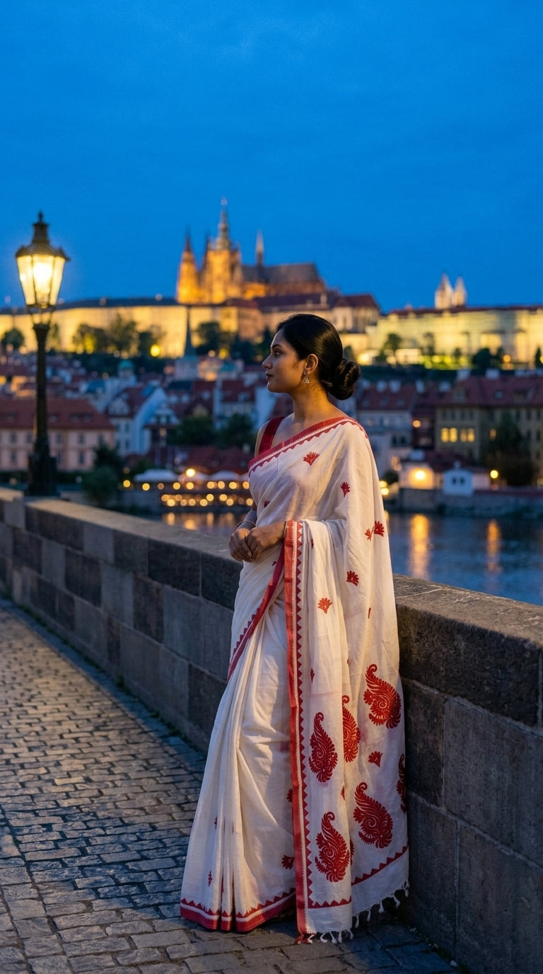 Woman in a white-red-cotton-linen-saree, standing on a bridge with a cityscape in the background.