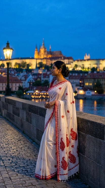 Woman in a white-red-cotton-linen-saree, standing on a bridge with a cityscape in the background.