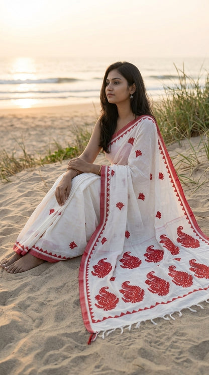 Woman in a white-red-cotton-linen-saree, sitting on a beach at sunset.