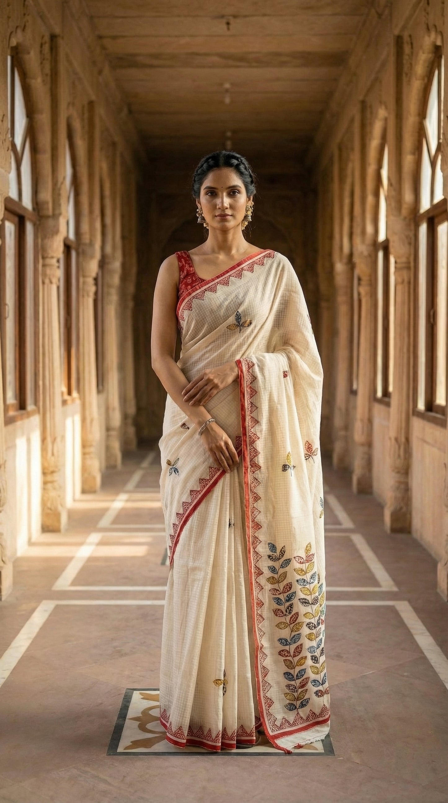 Woman in a white-red-kota-doria-saree, standing in a sunlit corridor.