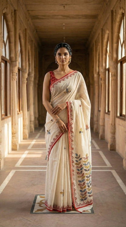 Woman in a white-red-kota-doria-saree, standing in a sunlit corridor.