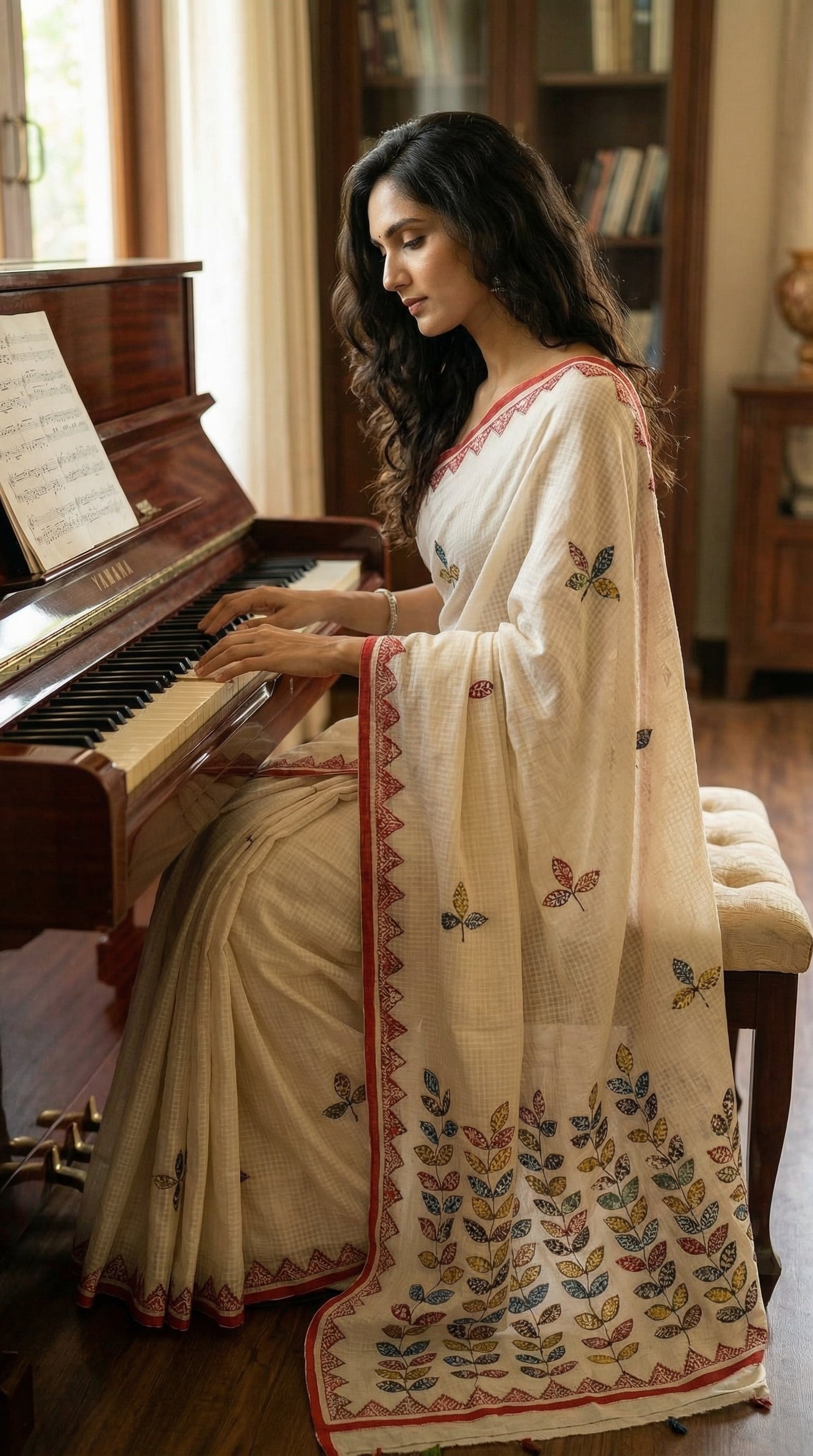 Woman in a white-red-kota-doria-saree, playing a piano in a room with wooden furniture.