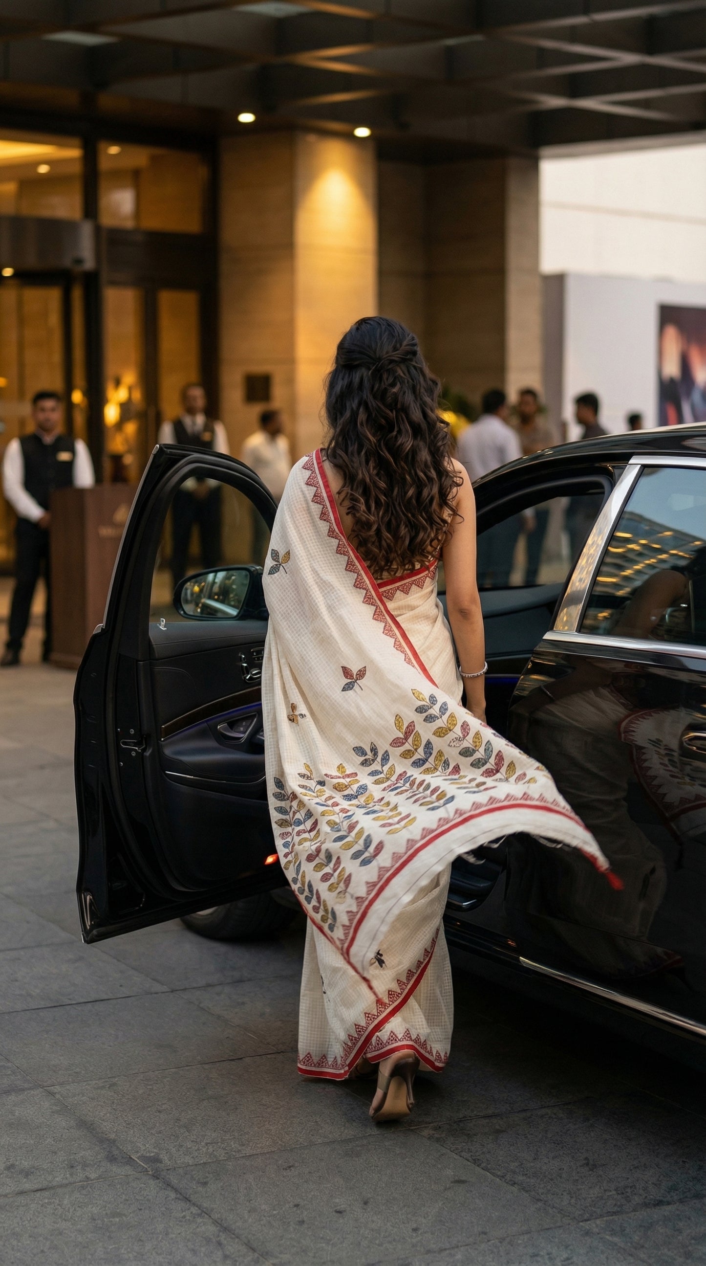Woman in a white-red-kota-doria-saree, out of a car in an urban setting