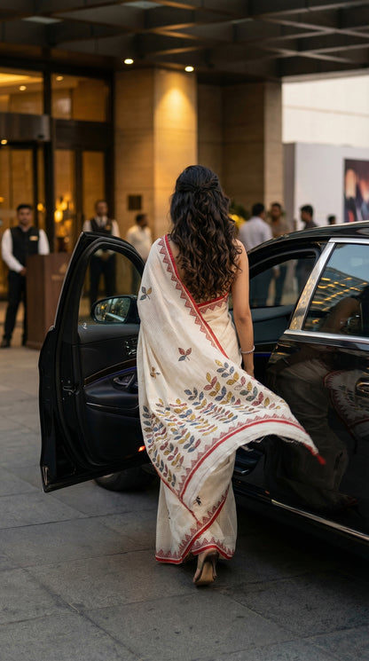 Woman in a white-red-kota-doria-saree, out of a car in an urban setting