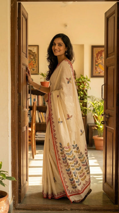 Woman in a white-red-kota-doria-saree, in a doorway with a home interior background