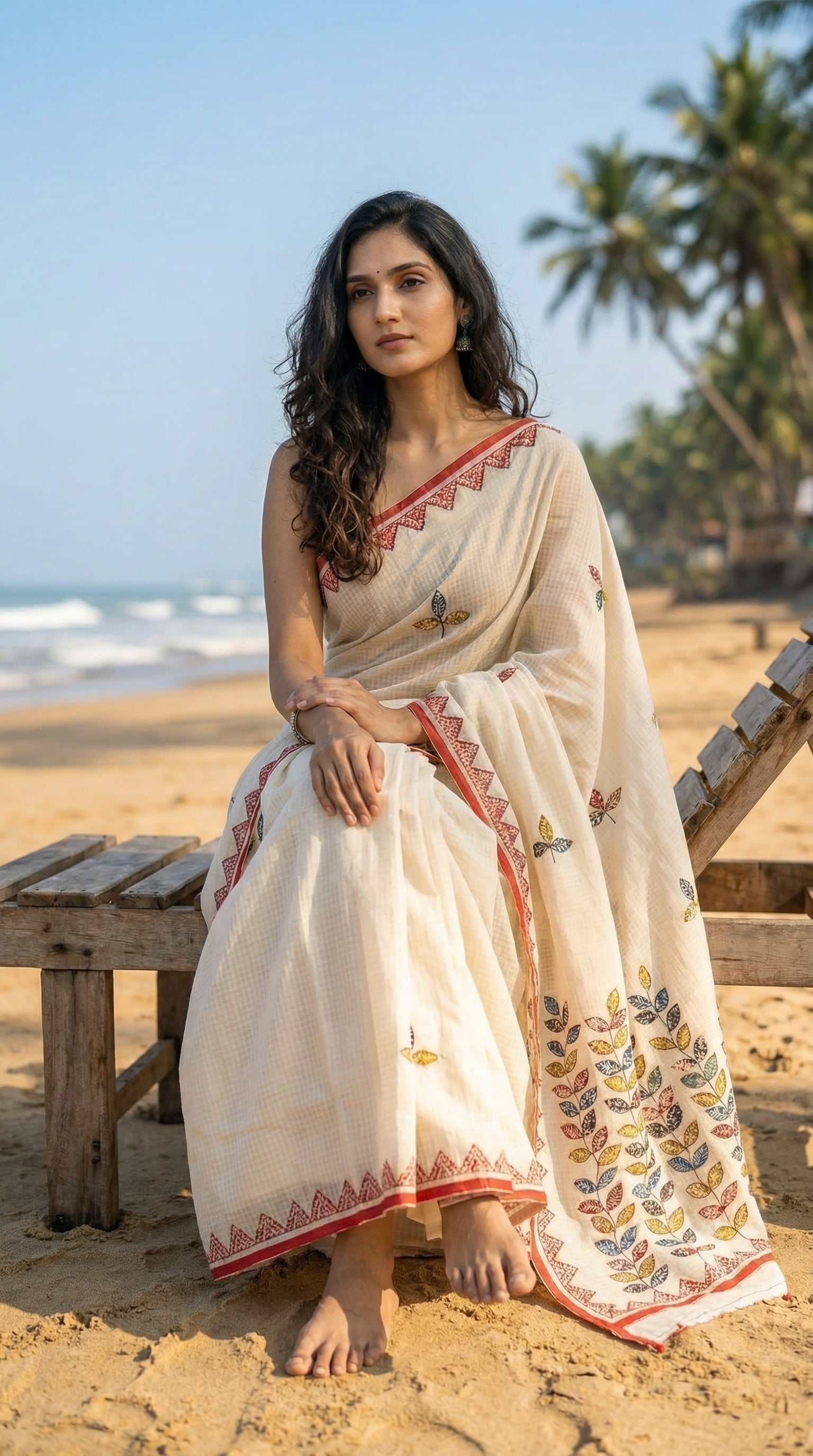 Woman in a white-red-kota-doria-saree, sitting on a beach with palm trees in the background
