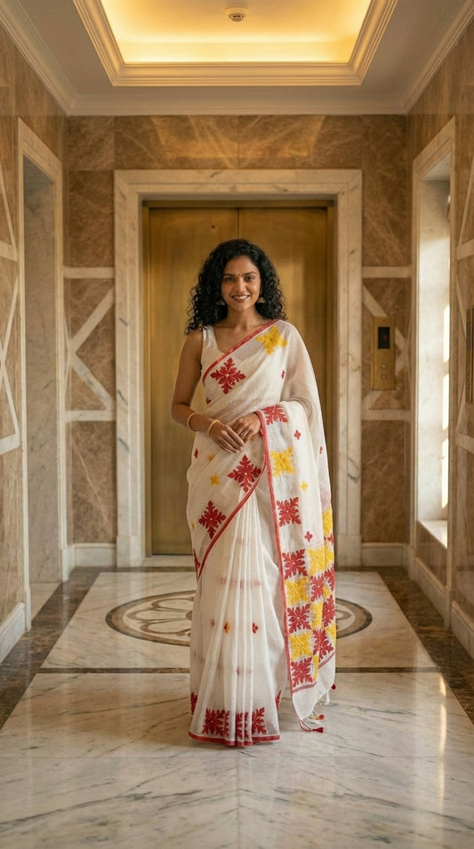 Woman in a white-red-yellow-applique-kota-saree, standing in a marble hallway.