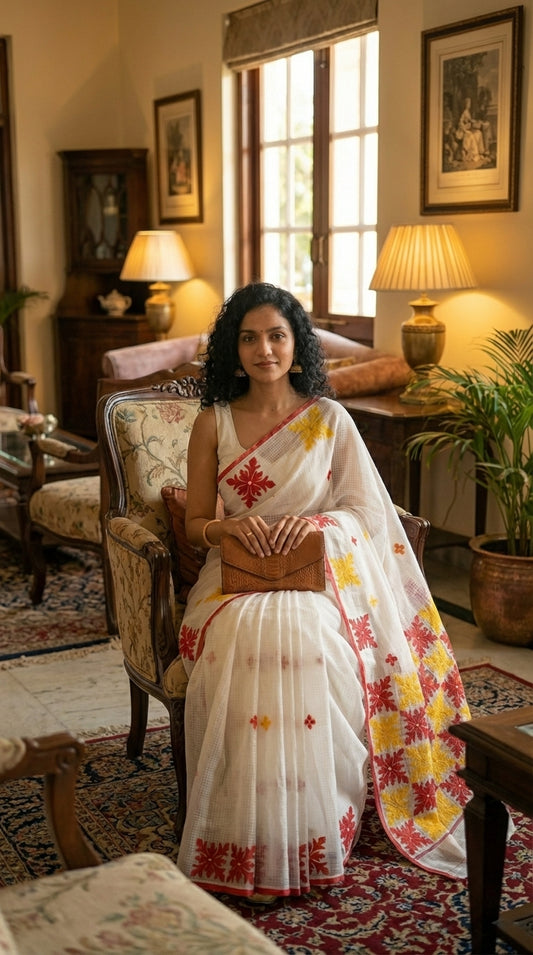 Woman in a white-red-yellow-applique-kota-saree, sitting in a cozy room.