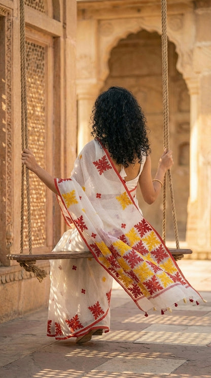 Woman in a white-red-yellow-applique-kota-saree, sitting on a swing in an architectural setting