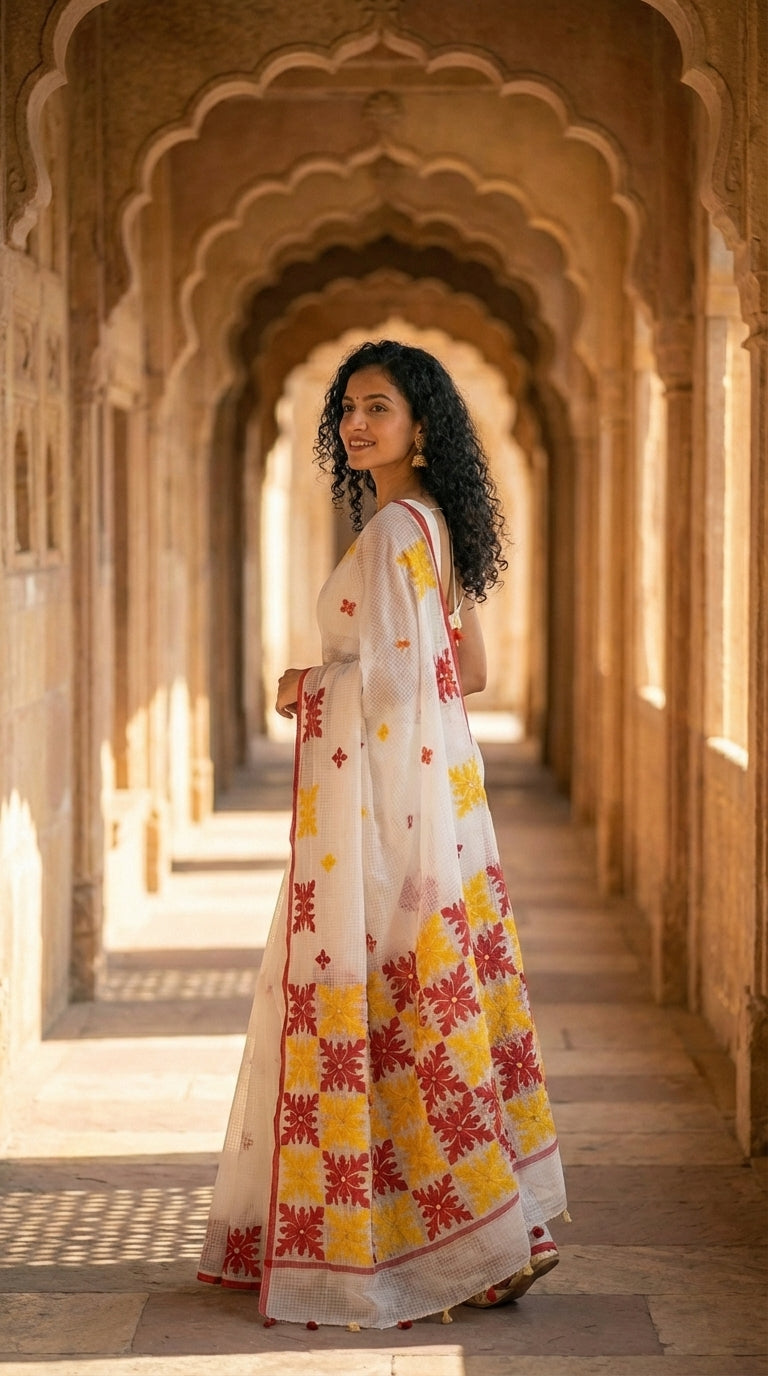 Woman in a white-red-yellow-applique-kota-saree, standing in an architectural corridor
