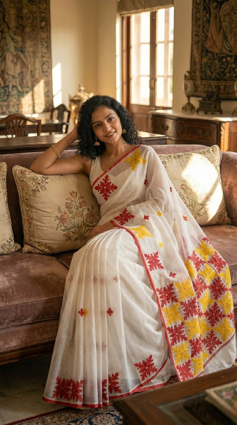 Woman in a white-red-yellow-applique-kota-saree, sitting on a couch in a decorated room.