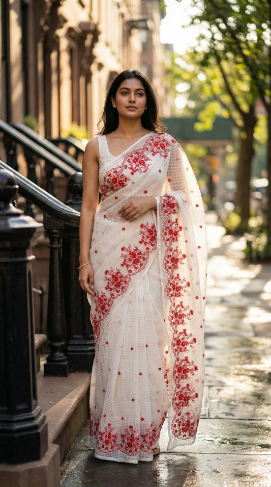 Woman in a white-resham-kota-cotton-saree-red-embroidery, standing on a city street.