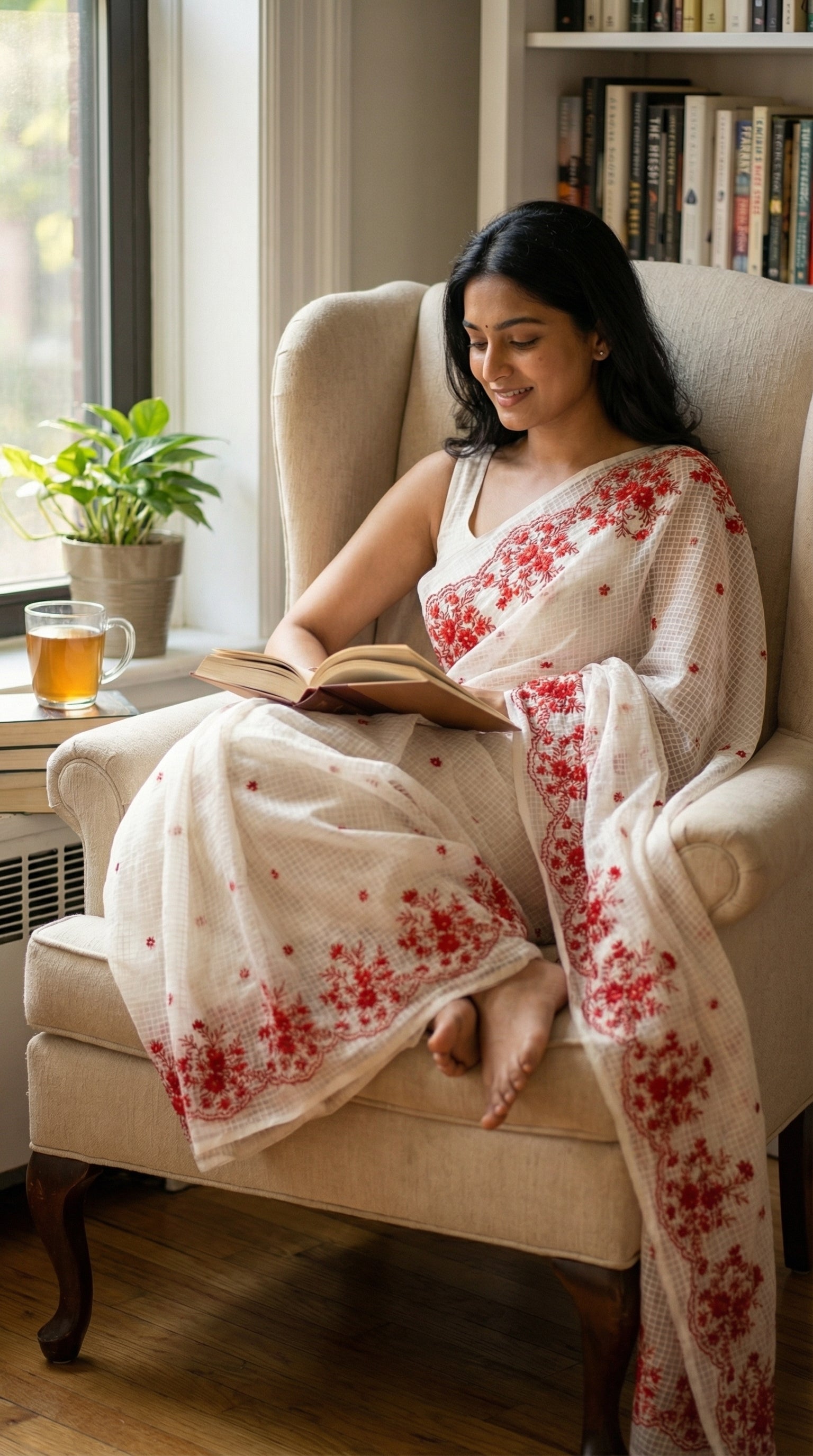Woman in a white-resham-kota-cotton-saree-red-embroidery, reading a book in a cozy room with a cup of tea.