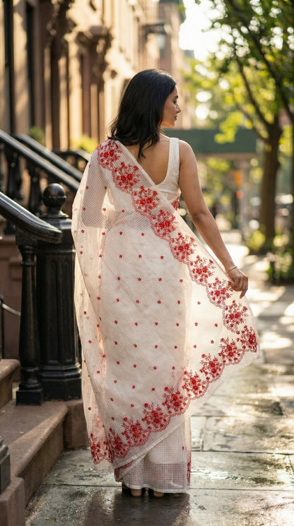 Woman in a white-resham-kota-cotton-saree-red-embroidery, walking on a sidewalk.