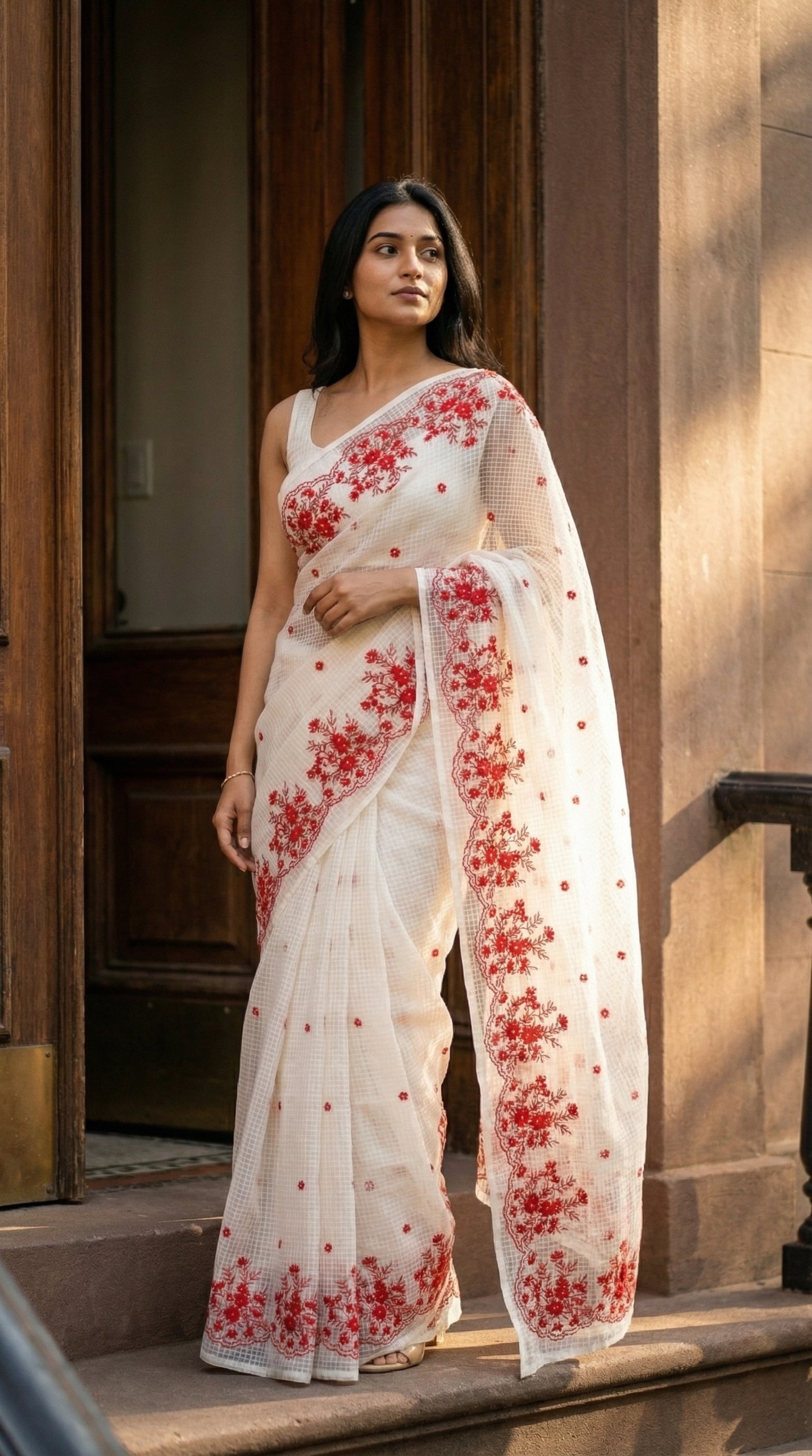 Woman in a white-resham-kota-cotton-saree-red-embroidery, standing in front of a wooden door.