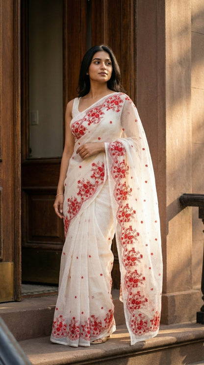 Woman in a white-resham-kota-cotton-saree-red-embroidery, standing in front of a wooden door.