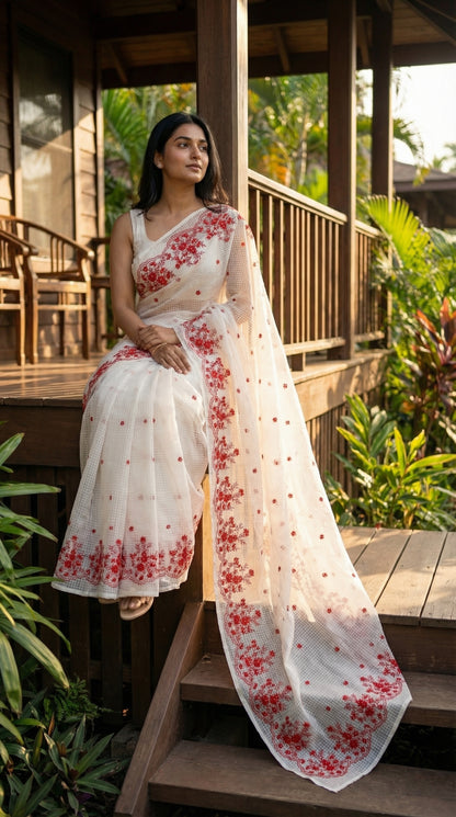 Woman in a white-resham-kota-cotton-saree-red-embroidery, standing on a wooden deck surrounded by greenery.
