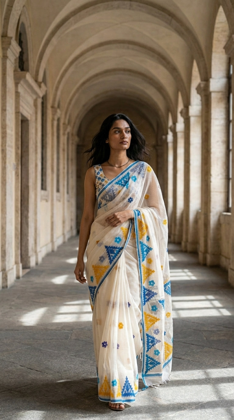 Woman in a white-yellow-blue-applique-kota-saree, walking through an archway.