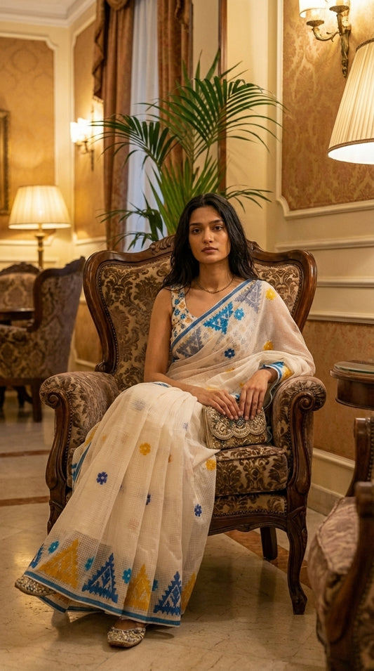 Woman in a white-yellow-blue-applique-kota-saree, sitting on an ornate chair in a luxurious room.