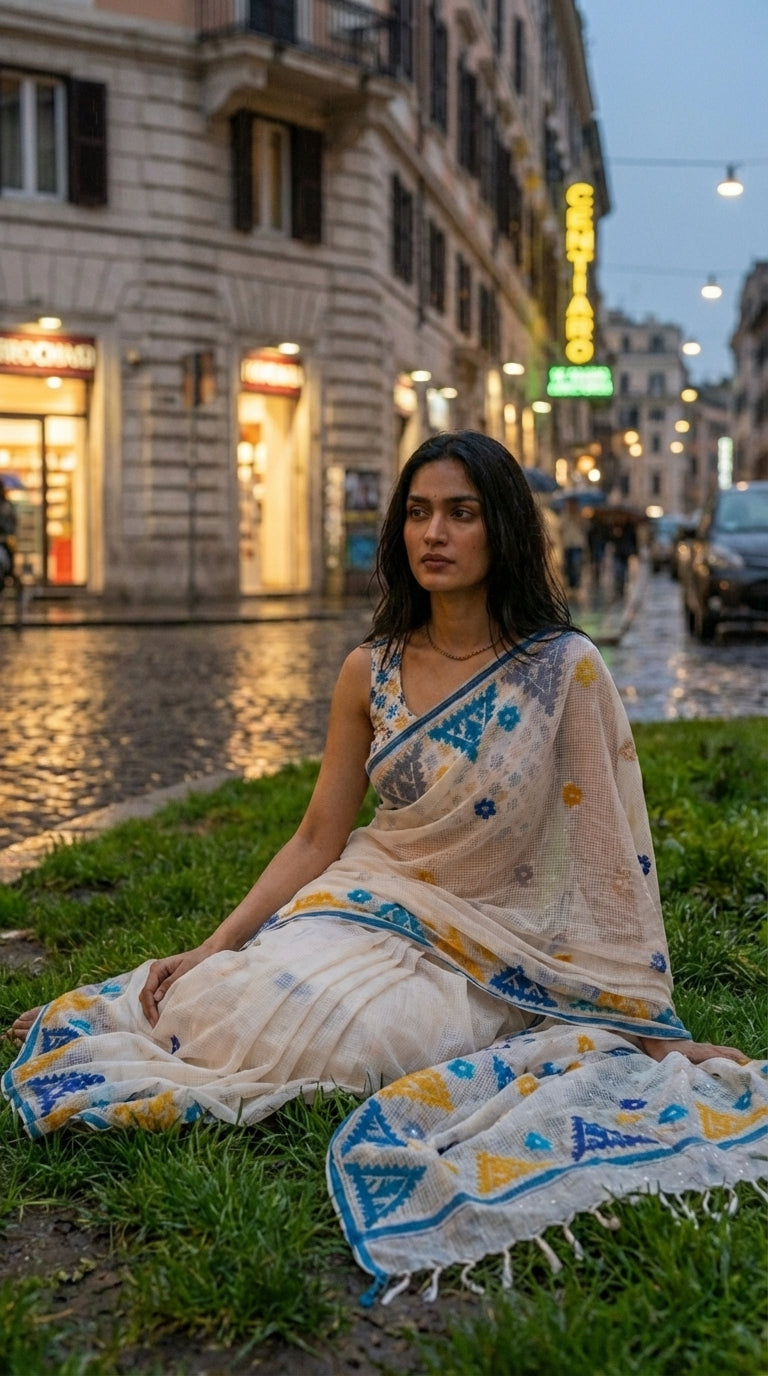 Woman in a white-yellow-blue-applique-kota-saree, sitting on grass in an urban setting