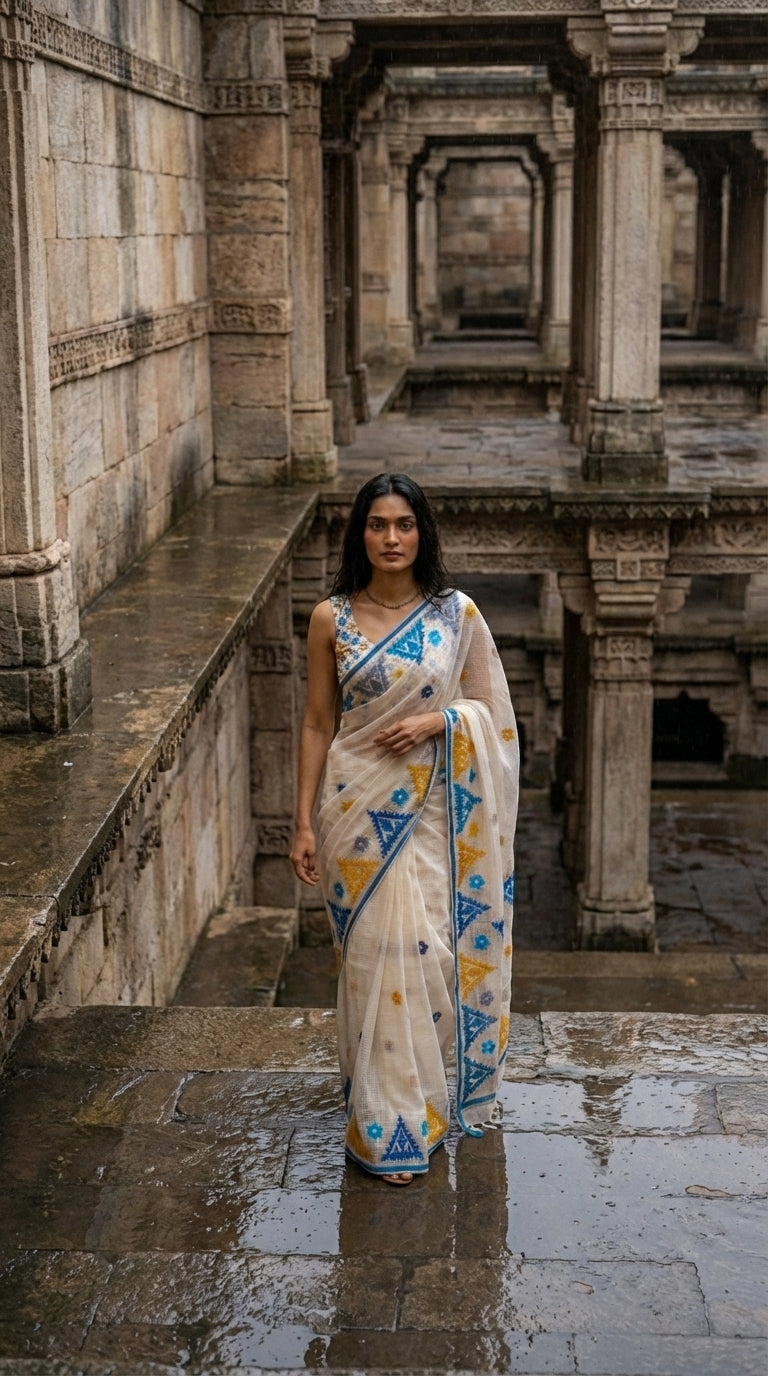 Woman in a white-yellow-blue-applique-kota-saree, standing in an ancient architectural setting