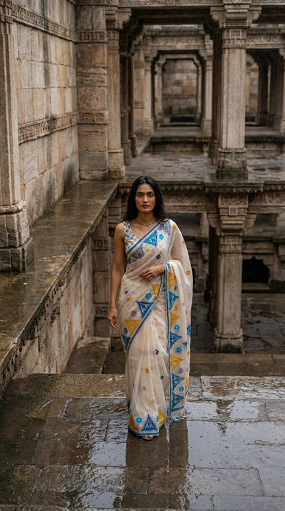 Woman in a white-yellow-blue-applique-kota-saree, standing in an ancient architectural setting