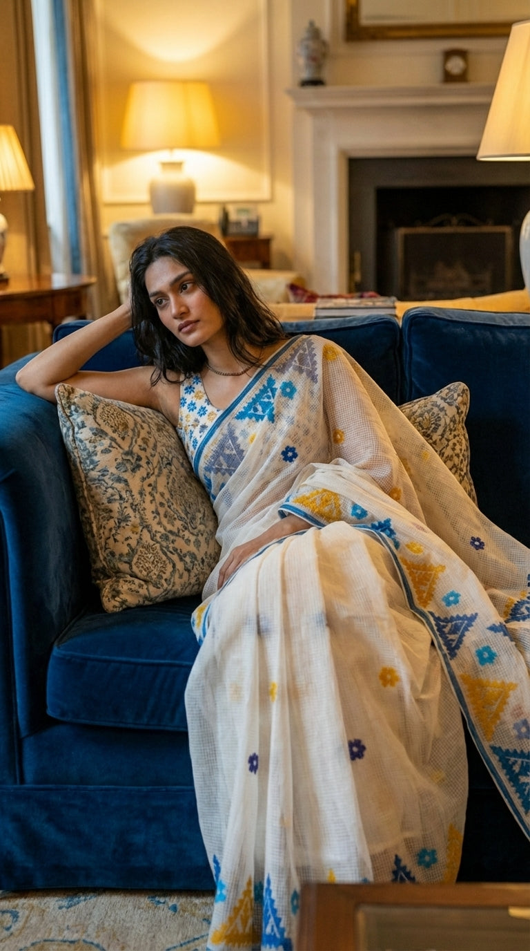 Woman in a white-yellow-blue-applique-kota-saree, sitting on a blue couch in a room with decorative pillows and a fireplace.