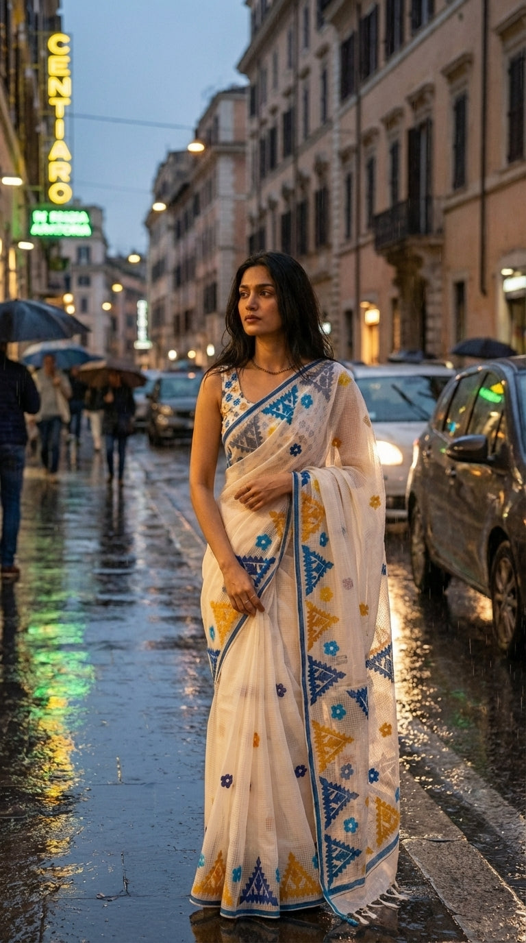 Woman in a white-yellow-blue-applique-kota-saree, standing on a city street at night.