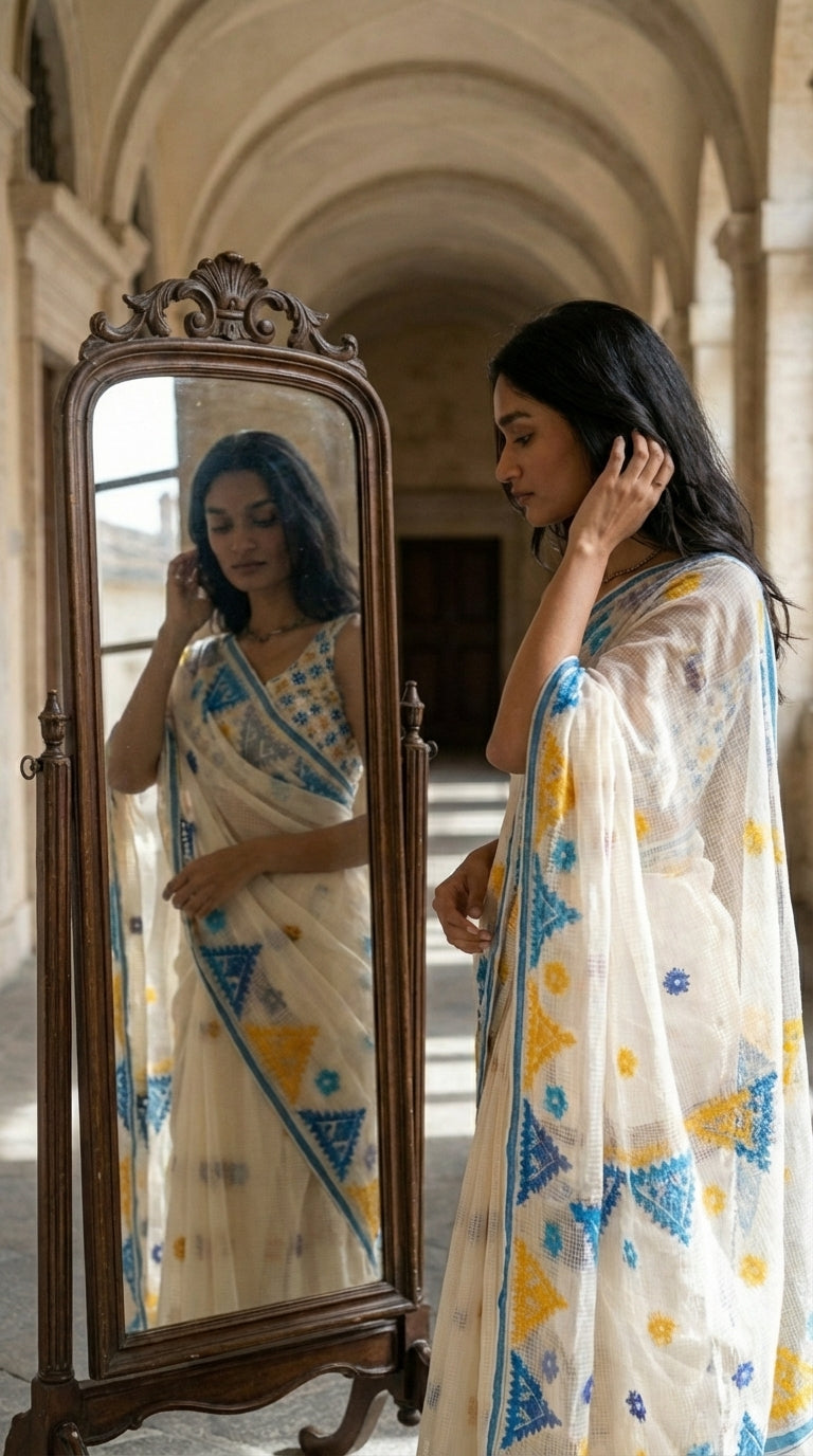 Woman in a white-yellow-blue-applique-kota-saree, standing in front of a mirror.