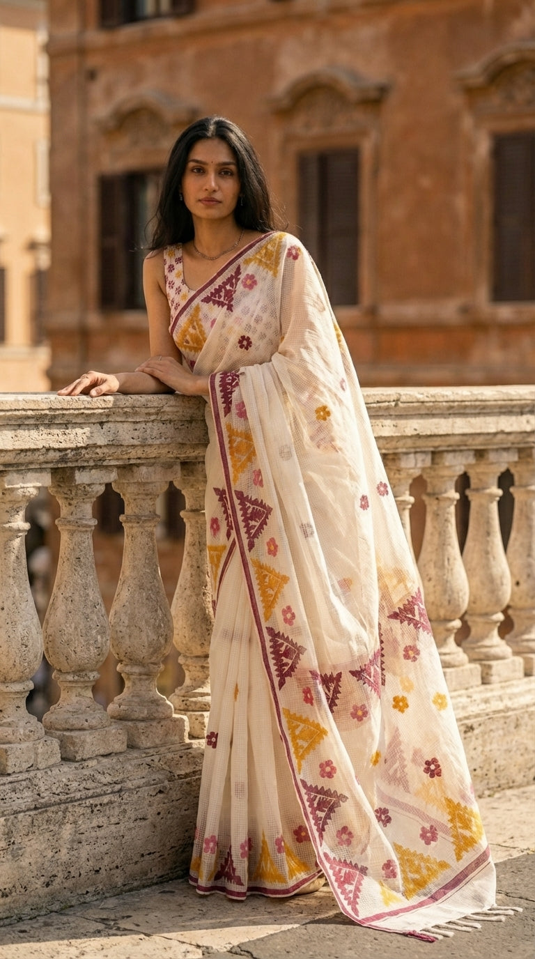 Woman in a white-yellow-maroon-applique-kota-saree, standing on a stone balcony with an architectural background