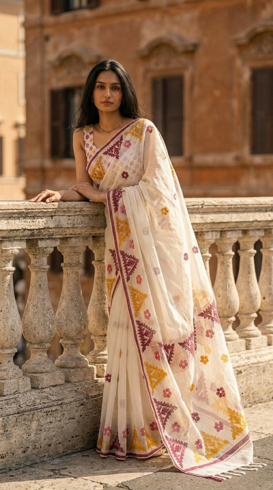 Woman in a white-yellow-maroon-applique-kota-saree, standing on a stone balcony with an architectural background