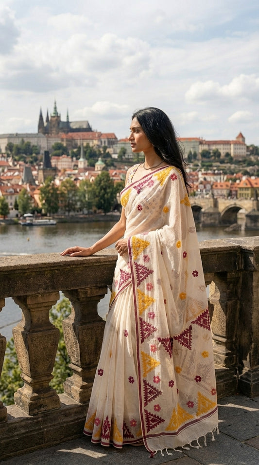 Woman in a white-yellow-maroon-applique-kota-saree, with a scenic cityscape in the background