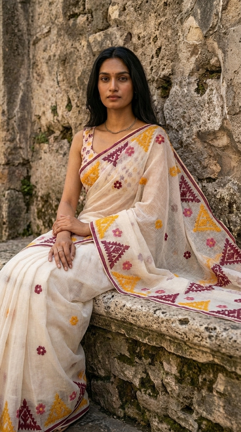 Woman in a white-yellow-maroon-applique-kota-saree, sitting against a stone wall