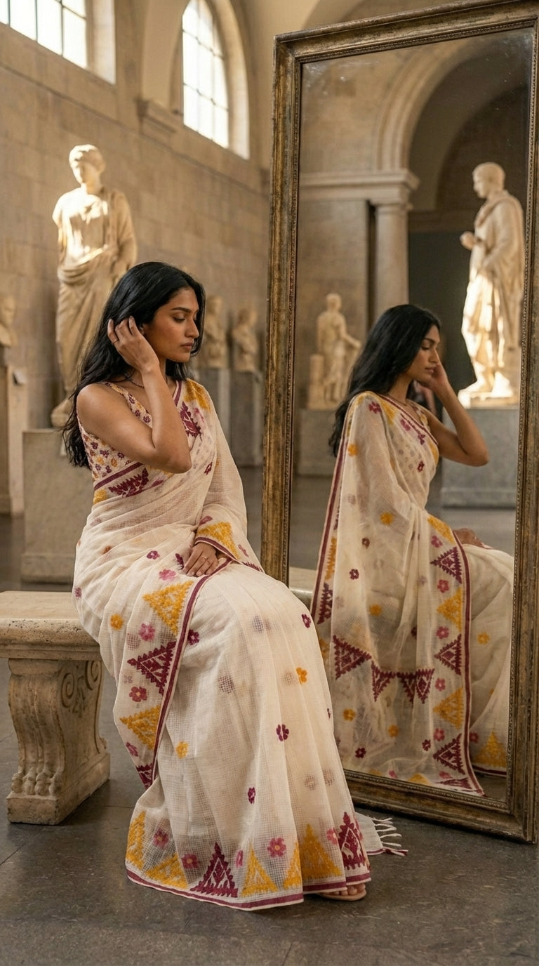 Woman in a white-yellow-maroon-applique-kota-saree, sitting in front of a mirror in an indoor setting.