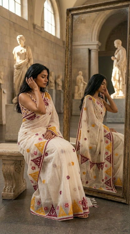 Woman in a white-yellow-maroon-applique-kota-saree, sitting in front of a mirror in an indoor setting.