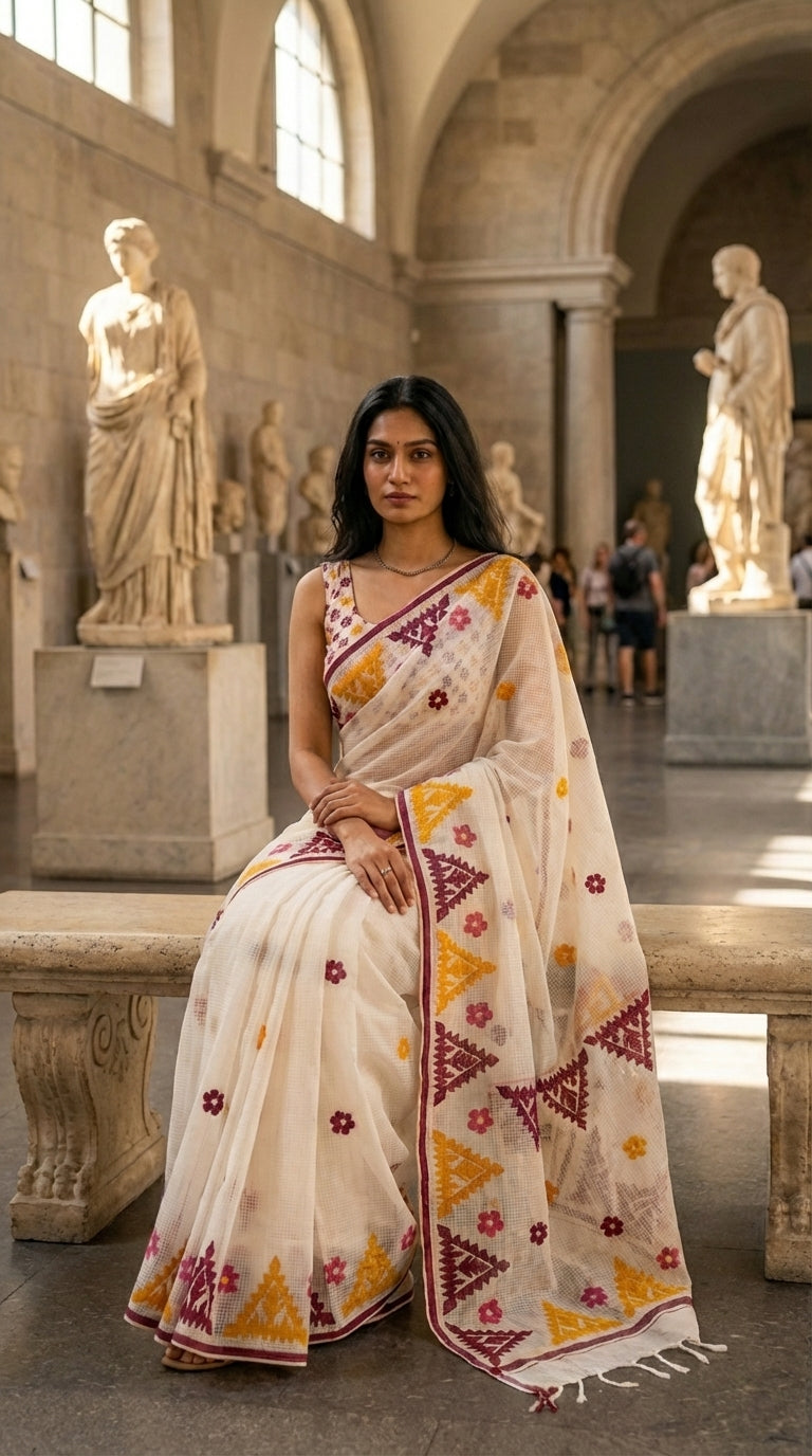Woman in a white-yellow-maroon-applique-kota-saree, sitting in a museum with statues in the background