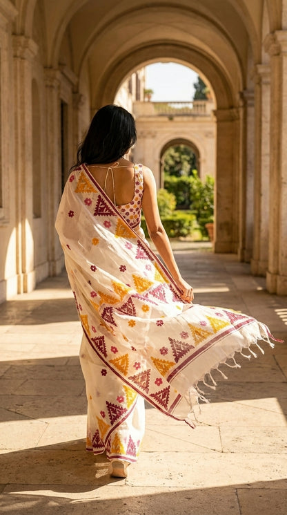 Woman in a white-yellow-maroon-applique-kota-saree, walking through an archway in a sunlit outdoor setting