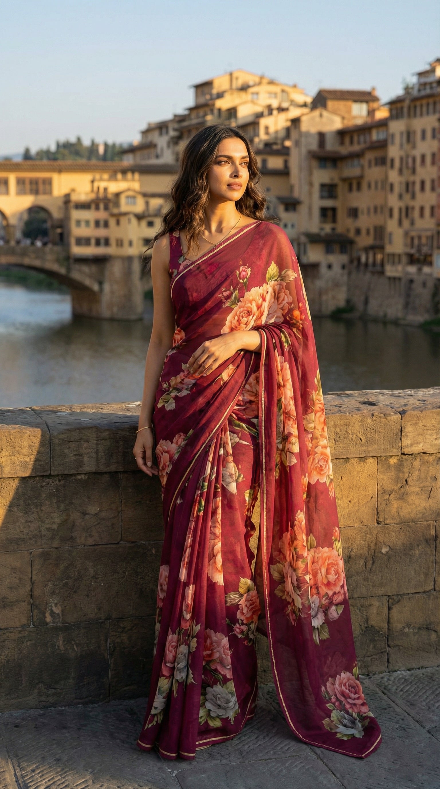 Woman in a wine chiffon saree with floral prints, standing on a stone bridge with a cityscape in the background.